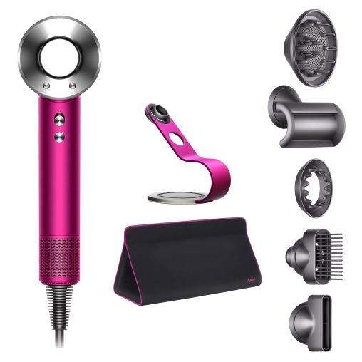 Фен Dyson Supersonic HD07 (фуксия/яркий никель) с 5 насадками, черным дорожным чехлом и подставкой