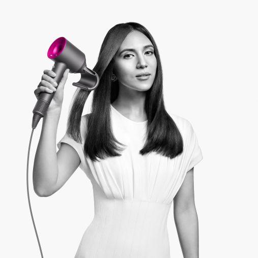 Фен Dyson Supersonic HD07 (фуксия/яркий никель) с 5 насадками, черным дорожным чехлом и подставкой